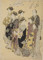 Six oiran strolling with a girl and a man
