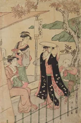 Three Women and a Boy in Front of a Roadside Teahouse
