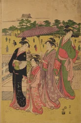 Three Women and a Girl Walking under a Parasol