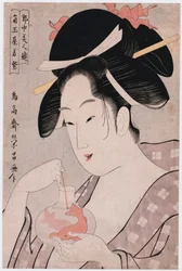 Bust Portrait of the Courtesan Wakamurasaki Playing with Goldfish