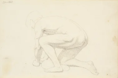 Male Model Lying Supported on Arms and Right Knee, Seen from the Side and Facing Left