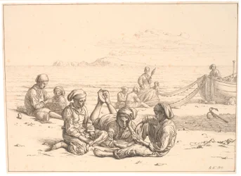 Neapolitan Fisher Boys Playing Cards. Several Fishermen Busy with Their Nets. Capri in the Background