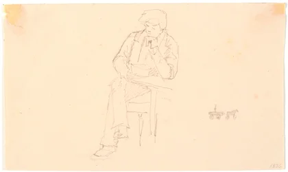 Seated Man at a Table and Small Sketch of a Horse Carriage
