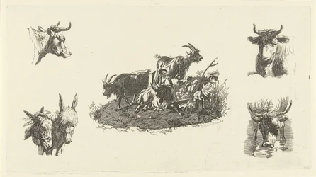 Three Goats with Cow Heads and Donkey Heads on Either Side