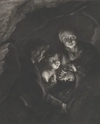 Night scene in a cave with an old woman holding burning coals in a pot, a boy blowing, ca. 1750-57
