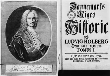 Baron Ludvig Holberg and the title page of Volume I of his History of Denmark, published in Copenhagen