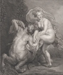 Deianeira receiving the poisoned tunic from Nessus, and the wounded centaur falling