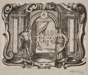 Emblem with Portal, Man and Woman, Cupid and Two Burning Hearts