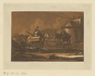 Two Packed Horses Outside City Wall, One with a Child Seated (Riders, Horses, and Battles)