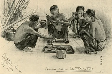 Chinese crew members eating on board the 