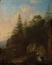 Mountain Landscape with Waterfall and Wooden Bridge