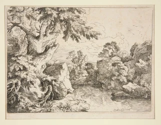 Landscape with Pond Bordered by Rocks and Trees