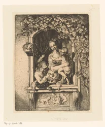 Woman with Children in Decorated Window