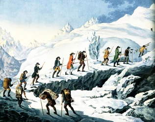 2nd Ascent of the Mont Blanc by Horace-Benedict de Saussure august 1787, colored engraving by Marquardt Wocher publishe in 1790