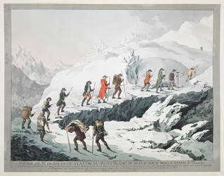 Horace Bénédict de Saussure and his guides crossing a glacier Month Blanc (engraving)