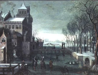 A Winter Landscape with Figures Skating by a Moated Castle
