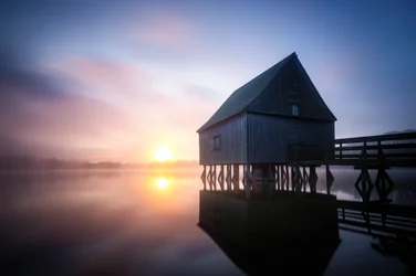 Misty Boathouse Sunrise