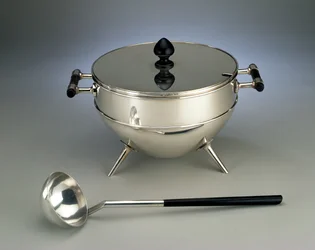 Soup tureen and ladle, manufactured by Hukin & Heath