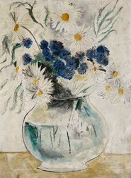 Daisies and Cornflowers in a Glass Bowl