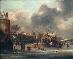 Skating Scene: Figures On The Ice Near The Walls Of A Town