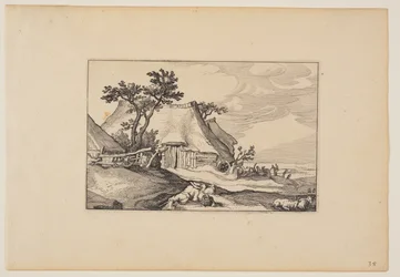 Barns, Resting Man with Basket of Eggs in Foreground, from Landscapes
