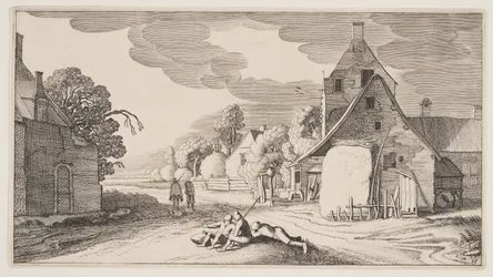 Three Peasants Resting at a Crossroad in a Village, from Landscapes