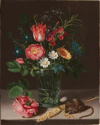 Flowers in a Vase with a Nibbling Mouse