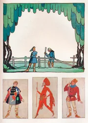 Scenery for As You Like It Act I, Scene I and Costumes of Amiens and Lebeau, 1919