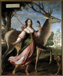 Portrait of Marie de Rohan-Montbazon, Duchess of Luynes then Chevreuse (1600-1679). The young woman is depicted as Diana the huntress, with a deer. Painting attributed to Claude Deruet (1588-1662), 1627. H. 2.4 x 1.95 m