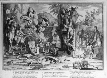Sabbath ceremonies, demons, witches and monstrous creatures dancing. Engraving by Gillot
