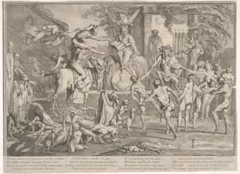 Witches Sabbath, within a nocturnal landscape, a necromancer seated at top center