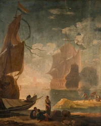 Harbour Scene With Man-Of-War And Figures On A Quay