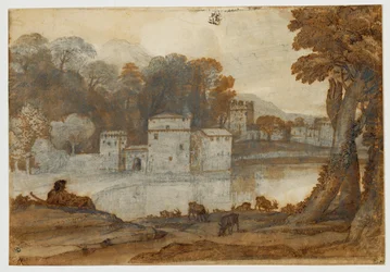 Shepherd by a lake near a fortified mill
