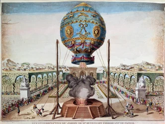 Experiment of the Montgolfier brothers on 19 October 1783 in the garden of Monsieur Réveillon, Faubourg Saint-Antoine in Paris. Engraving by Claude Louis Desrais (1746-1816)