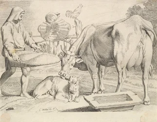 Country Scene with a Peasant, Cow and Calf