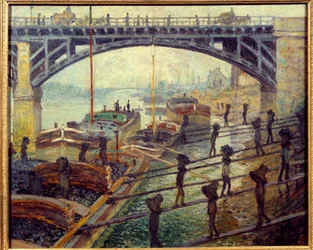 Debardeurs coal unloaders unloading goods from the cottages on the banks of the Seine