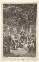 A young boy holds a torch under trees in a garden, at center a man raises both arms