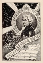Representation of the Austrian composer Wolfgang Amadeus Mozart (1756-1791), a Freemason member associated with the Encyclopedic Dictionary of Freemasonry, late 19th - early 20th century (engraving)