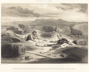 ...they knocked Sancho to the ground and the same happened to Don Quixote...