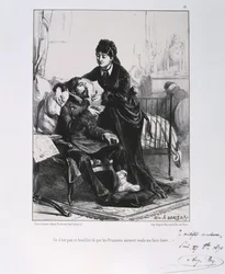 Franco-Prussian War 1870-1871: A wounded soldier being nursed and nourished. From a series of lithographs by Clément-Auguste Andrieux on the National Guards.
