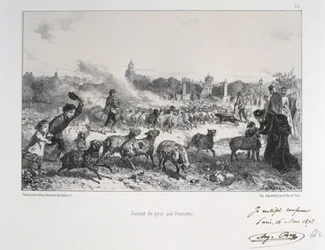 Franco-Prussian War 1870-1871: Driving away a flock of sheep to deny them falling into the hands of the Prussians. From a series of lithographs by Clément-Auguste Andrieux on the Gardes Nationales.