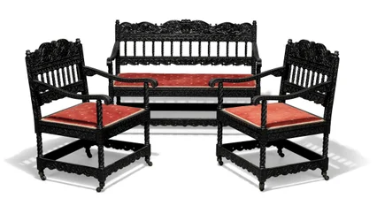 Late Victorian Carved Ebonised Sofa and Pair of Armchairs, Late 19th Century