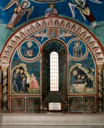 Different episodes of the life of Saint Benedict of Nursia: on the left a woman stretches a piece of poison bread to Saint Benedict, on the right a raven takes the bread and saves Saint Benedict. Fresco by Master Consolo