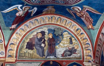 The miracle of Saint Placide. Saint Benedict of Nursia, thanks to the intervention of Saint Maur his first disciple, saves the young Placide caught in the stream of a lake. Fresco by Master Consolo (13th century)