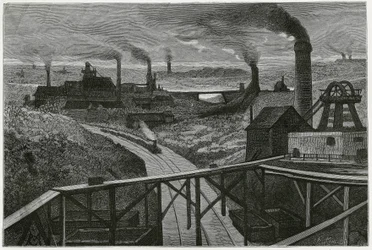 Coal mining and terrils (aspects of the contree boraine). Engraving by Constant Meunier, to illustrate the story 