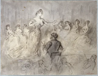 Café-concert scene, orchestra and female singers, circa 1875-1880