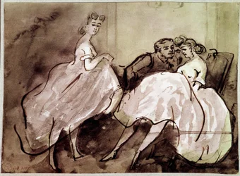 Two prostitutes and a seduction scene in a brothel