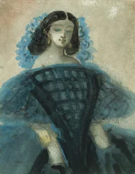 Young Woman in a Blue and Black Dress