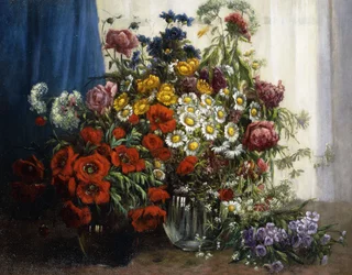 Poppies, Chrysanthemums, Peonies and other Wild Flowers in Glass Vases