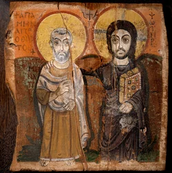 Coptic Art: Christ and Abbot Mena. Saint Menas (Minas, Mina, Mena, Mennas), Egyptian martyr of the 3rd century. Fragment of painting on wood from the 6th or 7th century. Dimensions: 57 x 57 cm. From the Baouit site in Egypt.